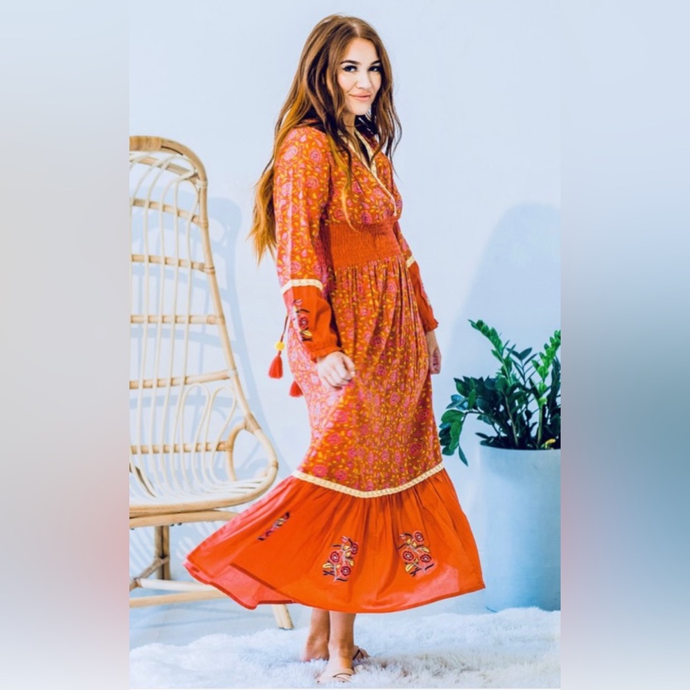 New Hand Block Printed Embroidered Maxi Dress